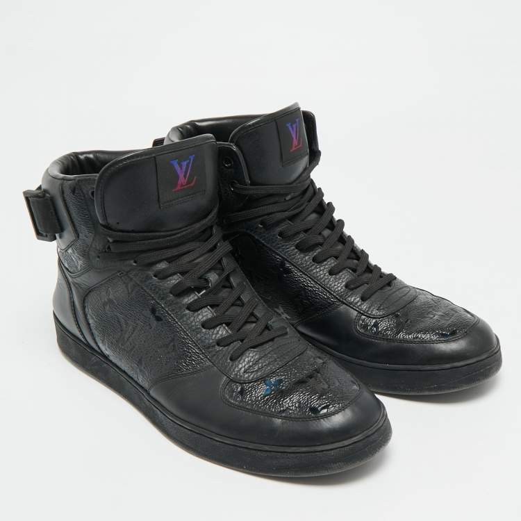 Pre Owned Louis Vuitton Rivoli Size 42.5 Black Monogram Canvas and Leather High Top Sneakers