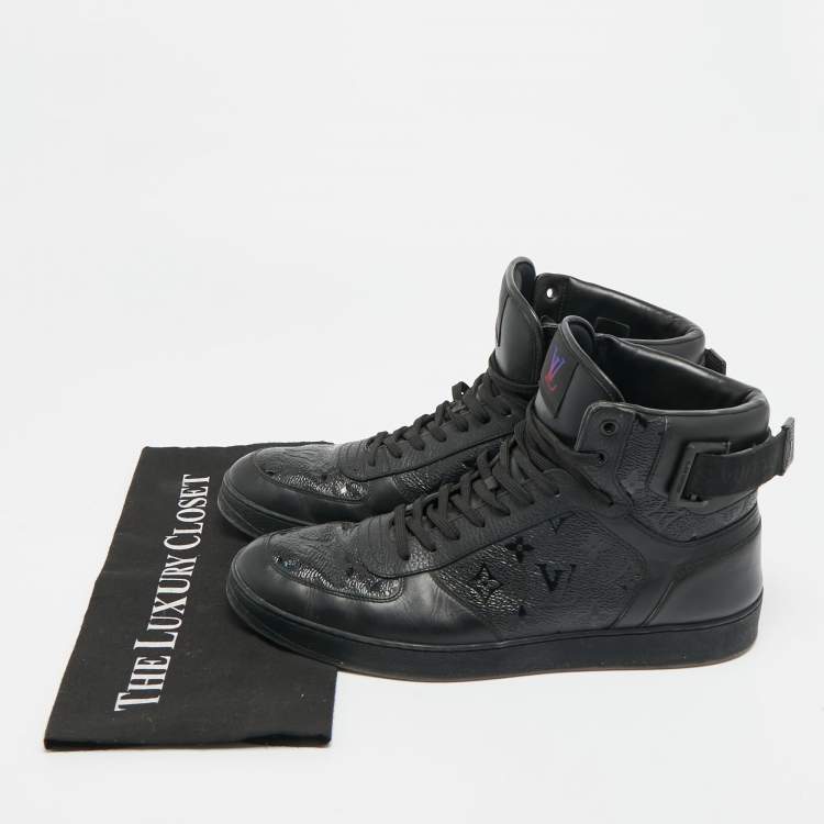 Pre Owned Louis Vuitton Rivoli Size 42.5 Black Monogram Canvas and Leather High Top Sneakers
