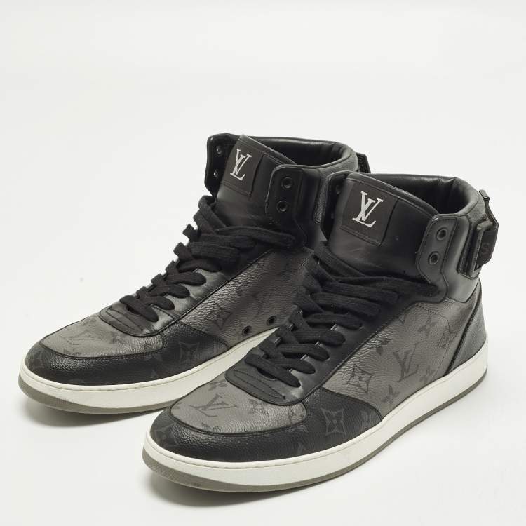 Pre Owned Louis Vuitton Rivoli Size 42.5 Black/Grey Monogram Canvas and Leather High Top Sneakers