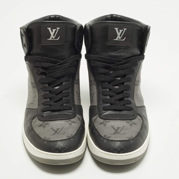 Pre Owned Louis Vuitton Rivoli Size 42.5 Black/Grey Monogram Canvas and Leather High Top Sneakers