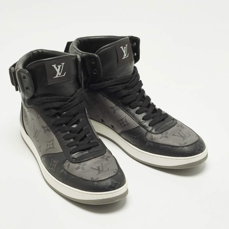 Pre Owned Louis Vuitton Rivoli Size 42.5 Black/Grey Monogram Canvas and Leather High Top Sneakers