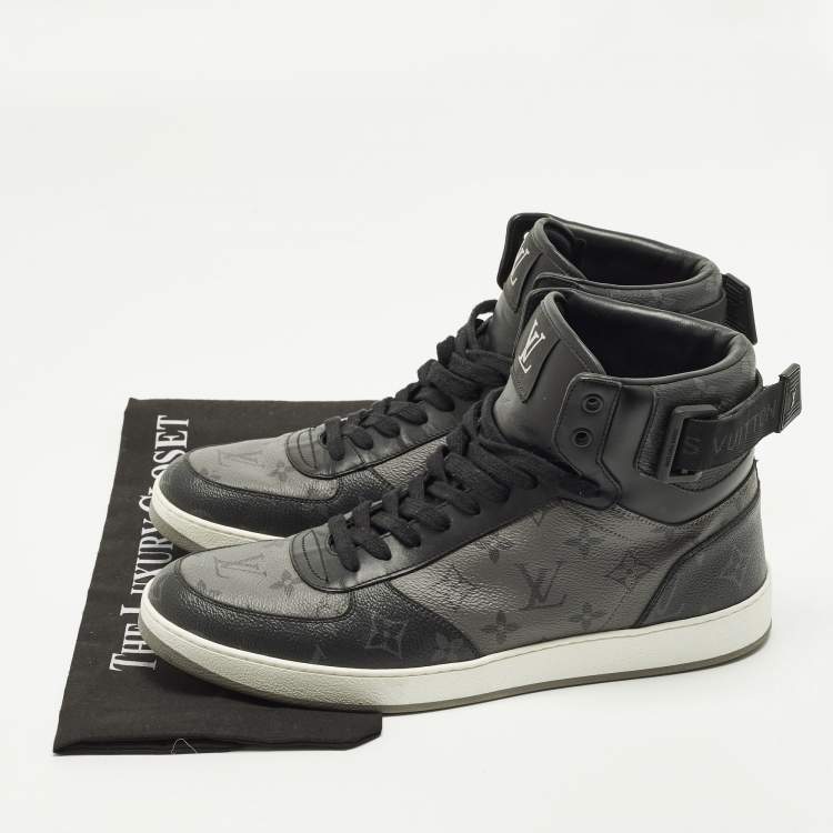Pre Owned Louis Vuitton Rivoli Size 42.5 Black/Grey Monogram Canvas and Leather High Top Sneakers