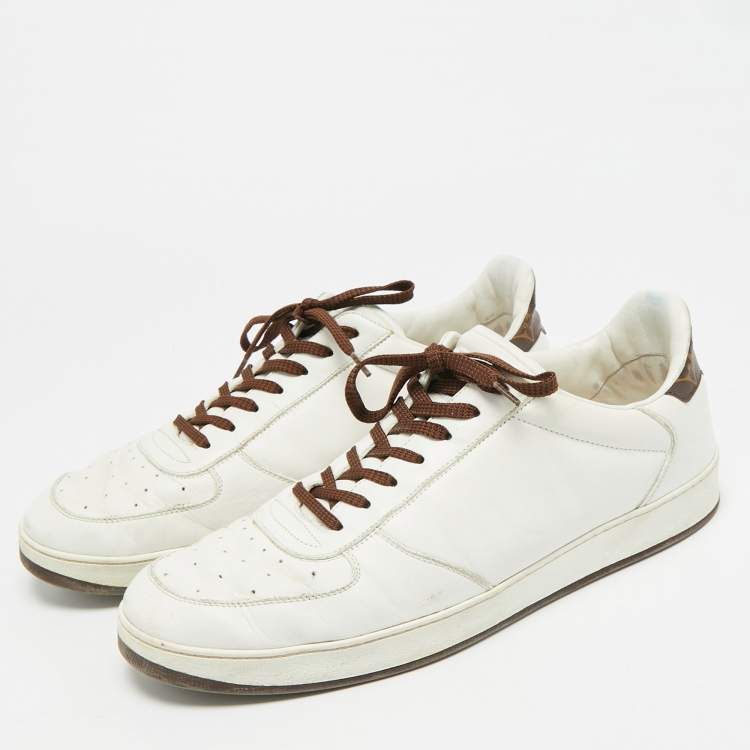 Pre Owned Louis Vuitton White/Brown Leather and Monogram Canvas Low Top Sneakers 