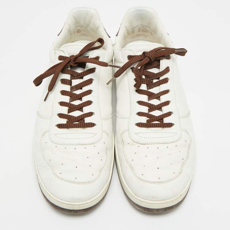 Pre Owned Louis Vuitton White/Brown Leather and Monogram Canvas Low Top Sneakers 