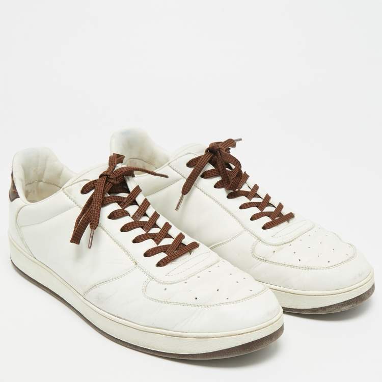 Pre Owned Louis Vuitton White/Brown Leather and Monogram Canvas Low Top Sneakers 