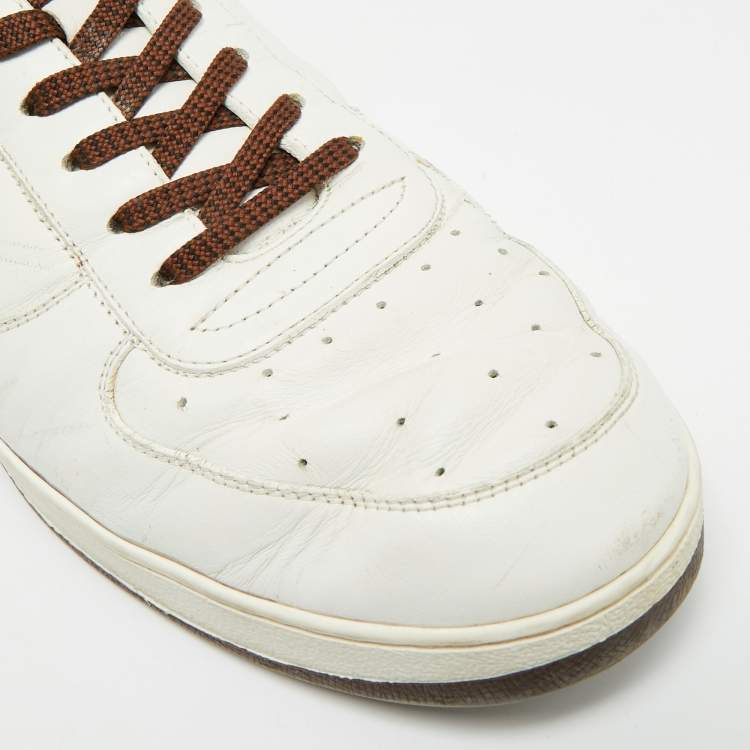 Pre Owned Louis Vuitton White/Brown Leather and Monogram Canvas Low Top Sneakers 