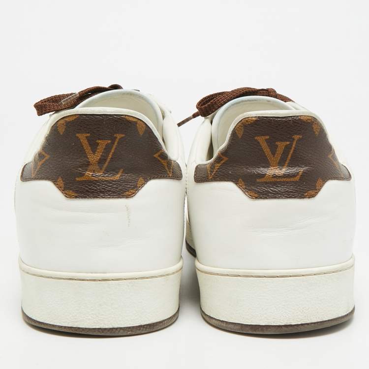 Pre Owned Louis Vuitton White/Brown Leather and Monogram Canvas Low Top Sneakers 