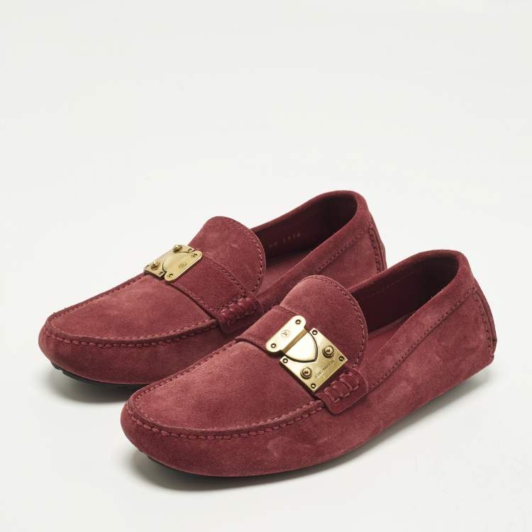 Pre Owned Louis Vuitton Racetrack Size 39.5 Dark Red Suede Driver Loafers