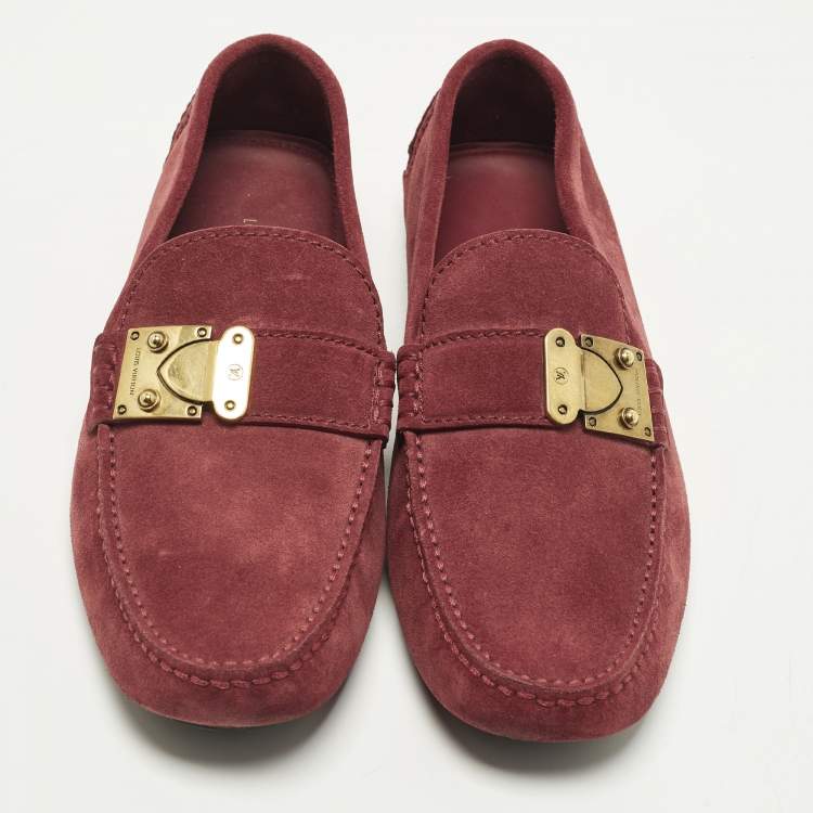 Pre Owned Louis Vuitton Racetrack Size 39.5 Dark Red Suede Driver Loafers