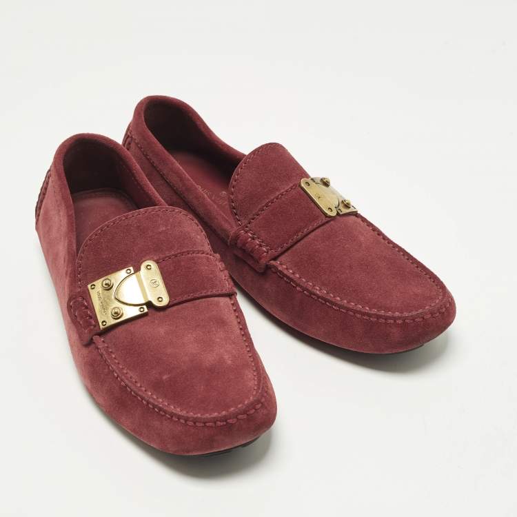 Pre Owned Louis Vuitton Racetrack Size 39.5 Dark Red Suede Driver Loafers