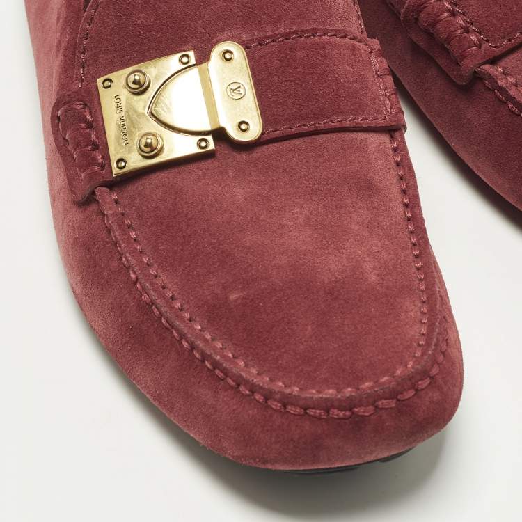 Pre Owned Louis Vuitton Racetrack Size 39.5 Dark Red Suede Driver Loafers