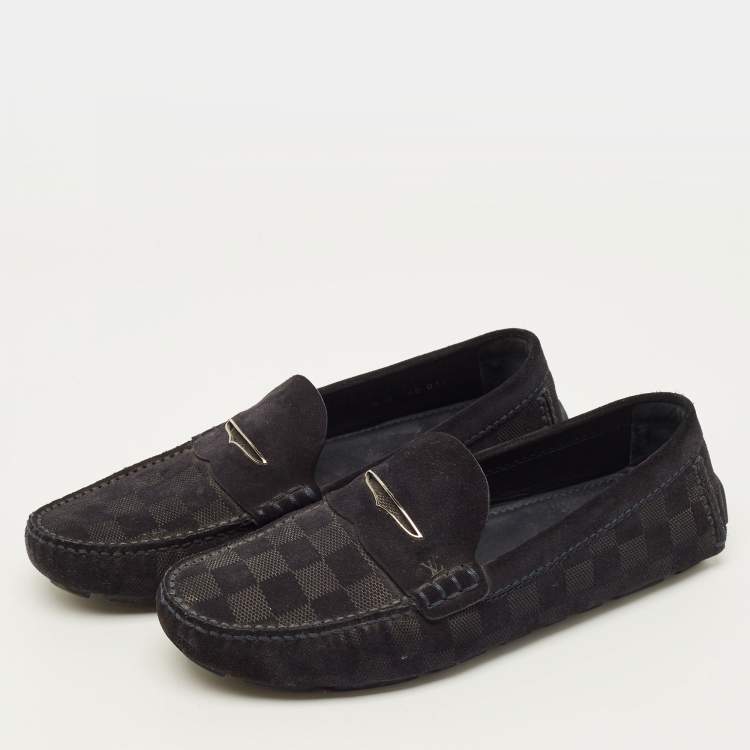 Pre Owned Louis Vuitton Size 40 Black Suede Damier Infini Loafers