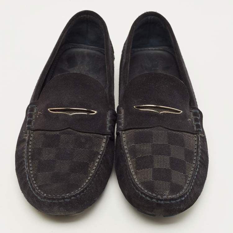 Pre Owned Louis Vuitton Size 40 Black Suede Damier Infini Loafers