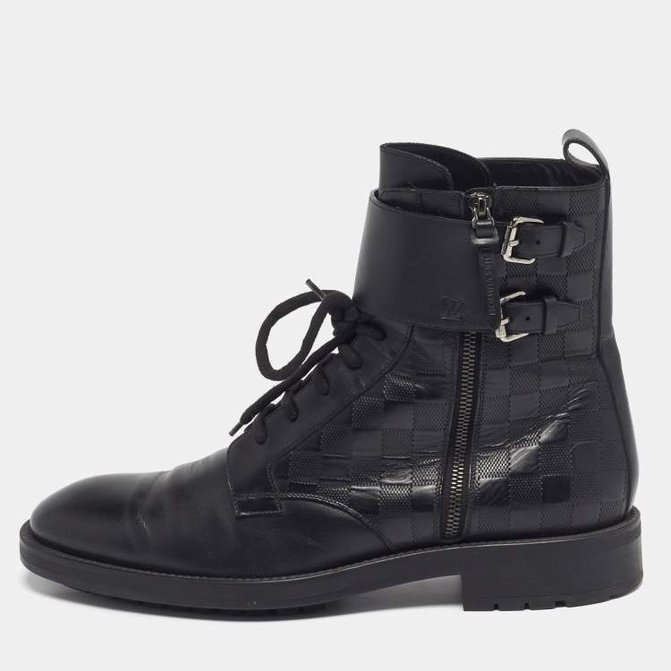 Pre Owned Louis Vuitton Voltaire Size 42.5 Black Damier Leather Combat Boots