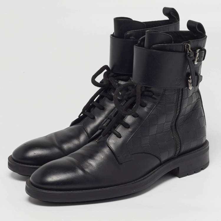 Pre Owned Louis Vuitton Voltaire Size 42.5 Black Damier Leather Combat Boots