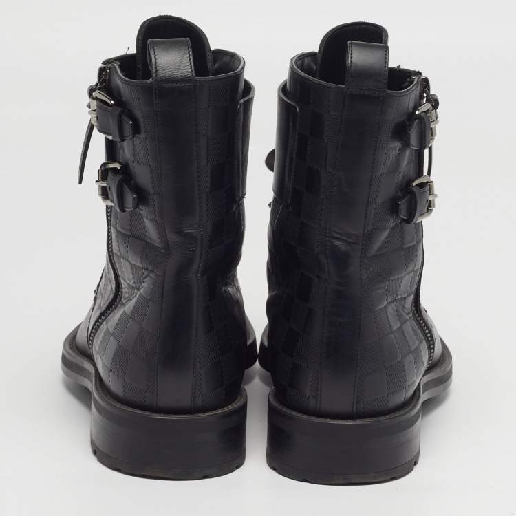 Pre Owned Louis Vuitton Voltaire Size 42.5 Black Damier Leather Combat Boots