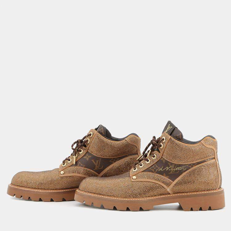 Pre Owned Louis Vuitton Oberkampf Line Encreboots Brown/Gold Leather Rhinestone Size 10