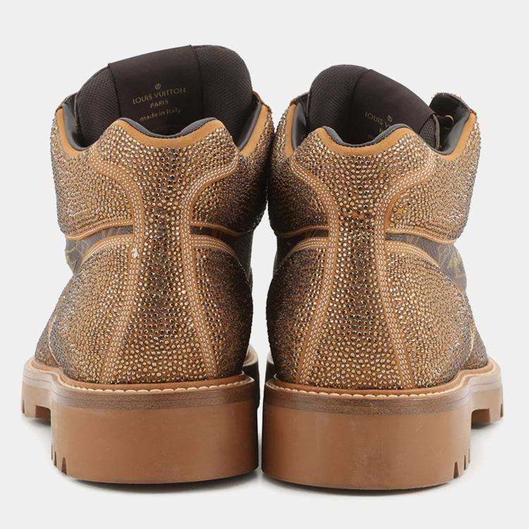 Pre Owned Louis Vuitton Oberkampf Line Encreboots Brown/Gold Leather Rhinestone Size 10