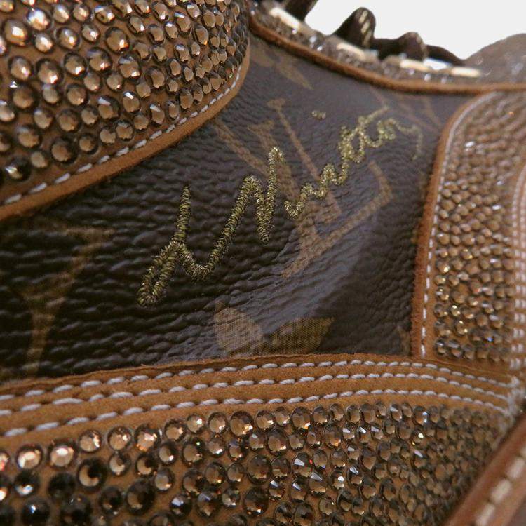 Pre Owned Louis Vuitton Oberkampf Line Encreboots Brown/Gold Leather Rhinestone Size 10
