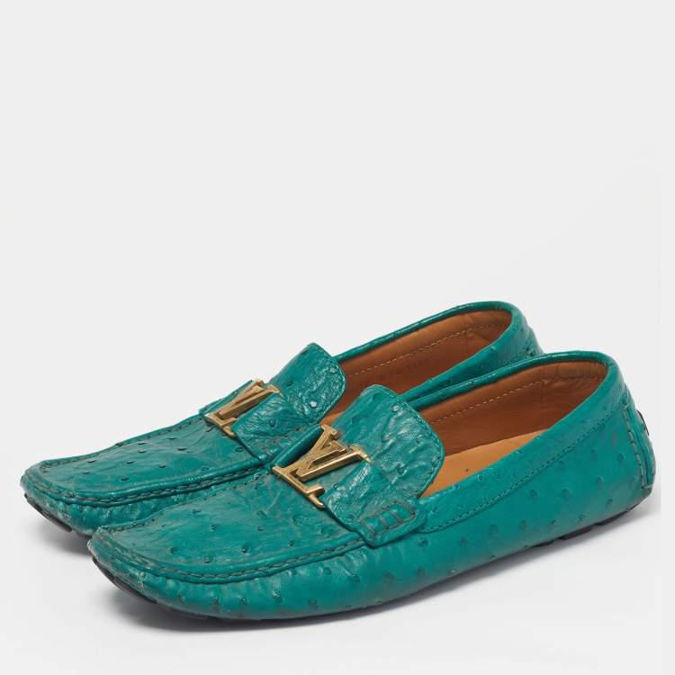 Pre Owned Louis Vuitton Monte Carlo Size 46 Green Ostrich Leather Slip On Loafers
