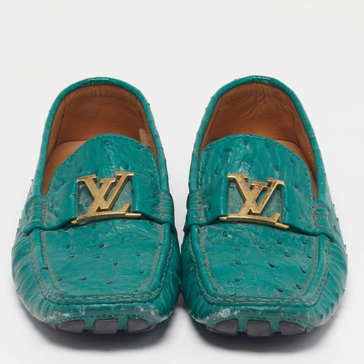 Pre Owned Louis Vuitton Monte Carlo Size 46 Green Ostrich Leather Slip On Loafers