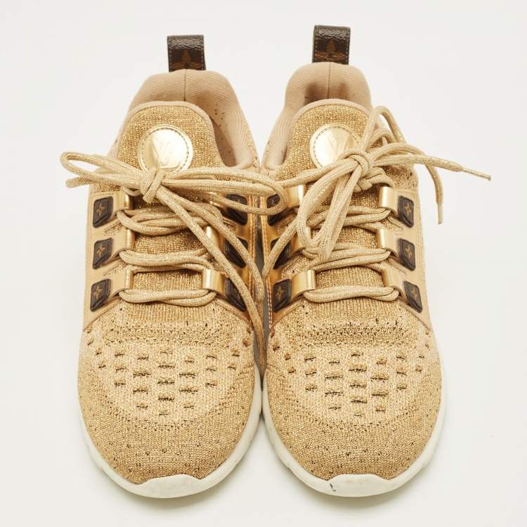 Pre Owned Louis Vuitton Aftergame Size 40 Gold Leather and Lurex Fabric Lace Up Sneakers