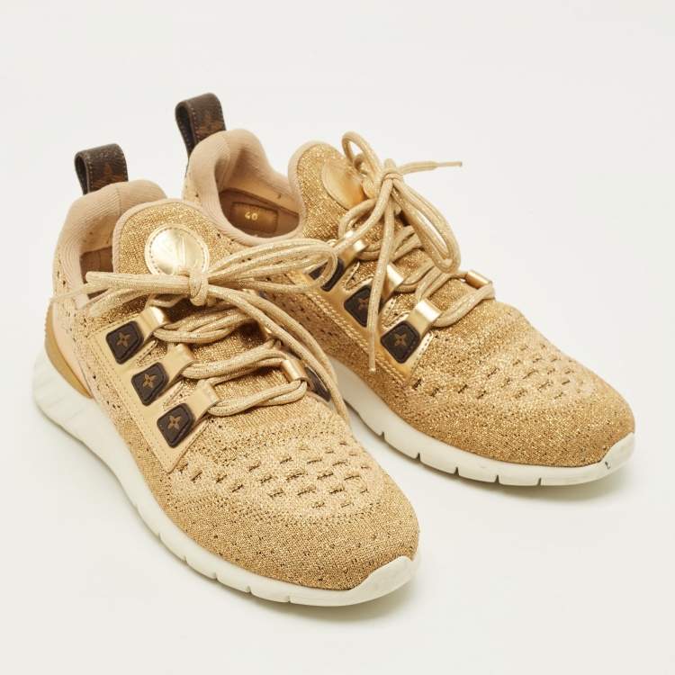 Pre Owned Louis Vuitton Aftergame Size 40 Gold Leather and Lurex Fabric Lace Up Sneakers