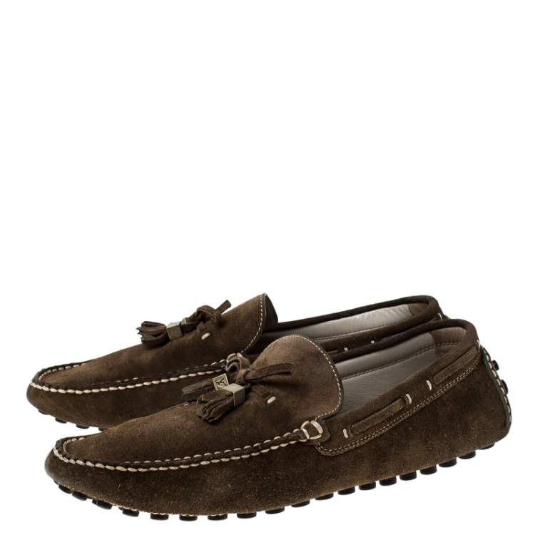 Pre Owned Louis Vuitton Brown Suede Imola Tassel Loafers Size 41.5