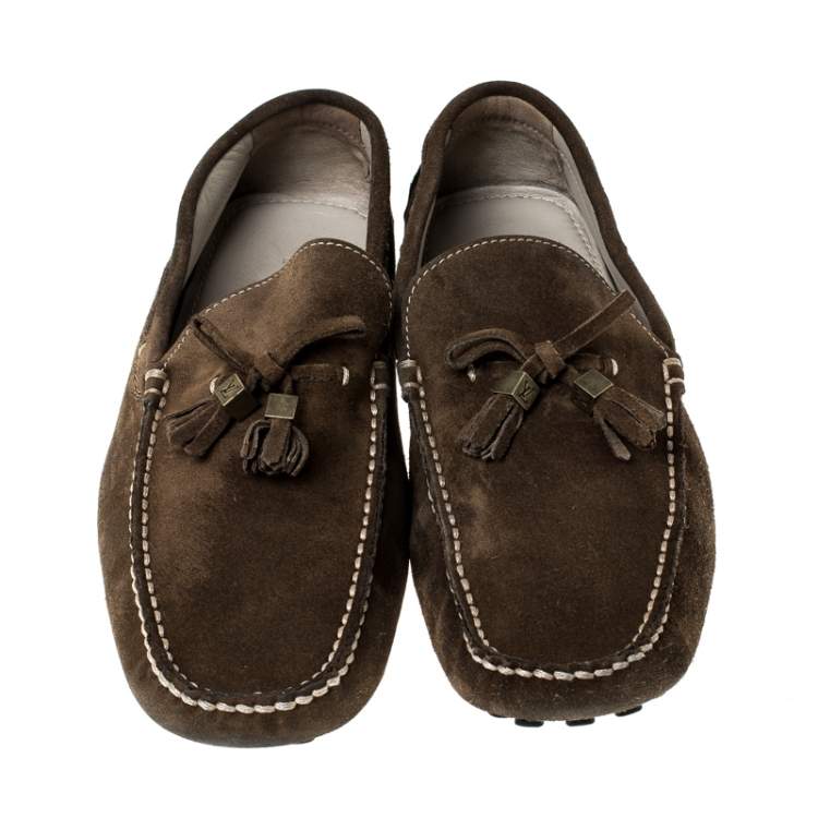 Pre Owned Louis Vuitton Brown Suede Imola Tassel Loafers Size 41.5