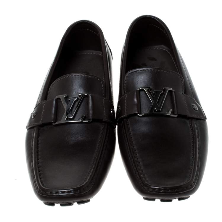 Pre Owned Louis Vuitton Brown Leather Monte Carlo Logo Slip On Loafers Size 43