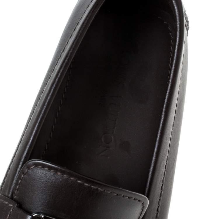 Pre Owned Louis Vuitton Brown Leather Monte Carlo Logo Slip On Loafers Size 43