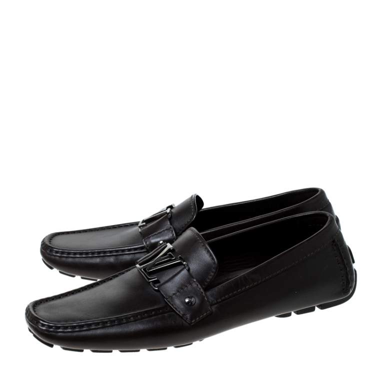 Pre Owned Louis Vuitton Brown Leather Monte Carlo Logo Slip On Loafers Size 43