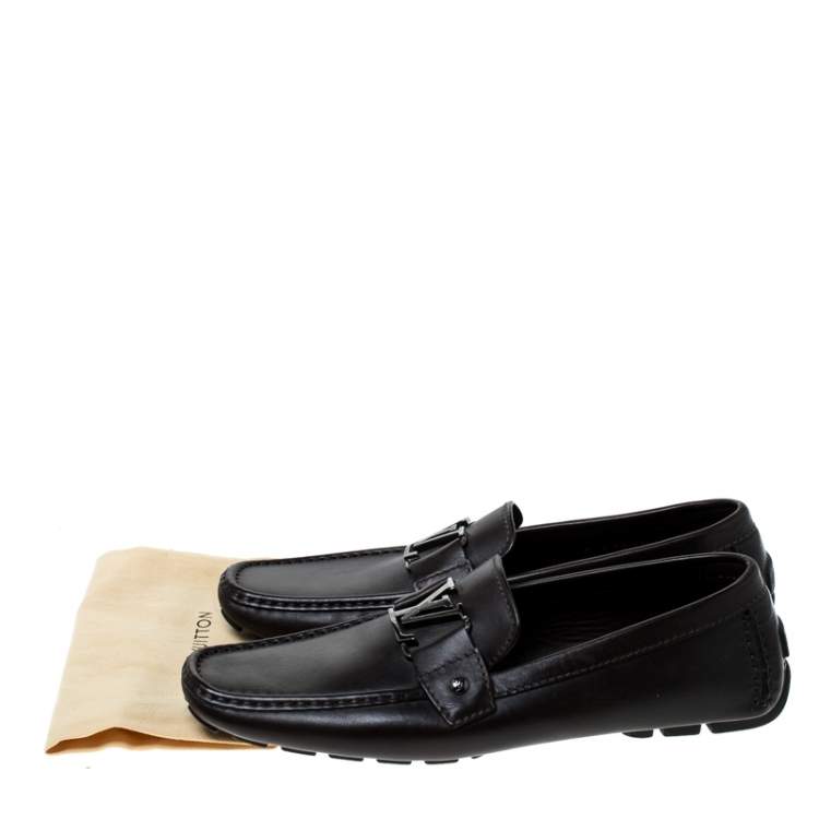Pre Owned Louis Vuitton Brown Leather Monte Carlo Logo Slip On Loafers Size 43
