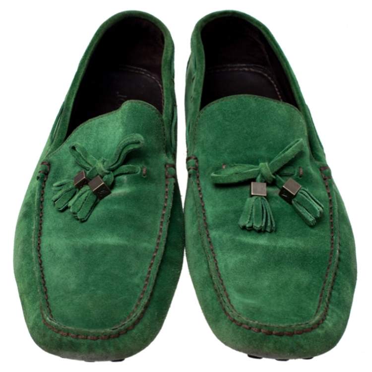Pre Owned Louis Vuitton Green Suede Imola Tassel Loafers Size 44