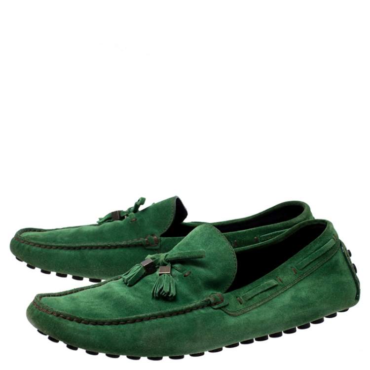 Pre Owned Louis Vuitton Green Suede Imola Tassel Loafers Size 44