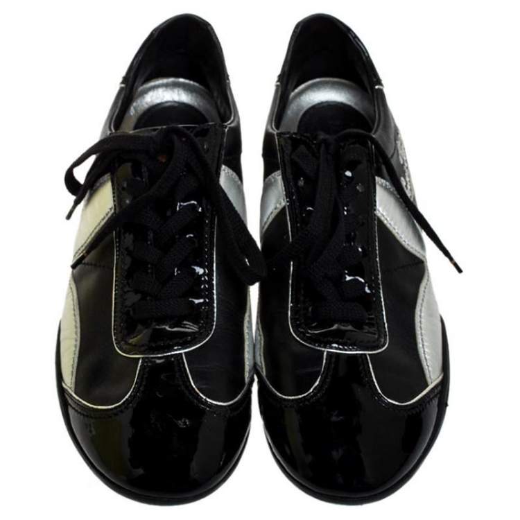 Pre Owned Louis Vuitton Black/Silver Patent Leather And Leather Low Top Lace Up Sneakers Size 41