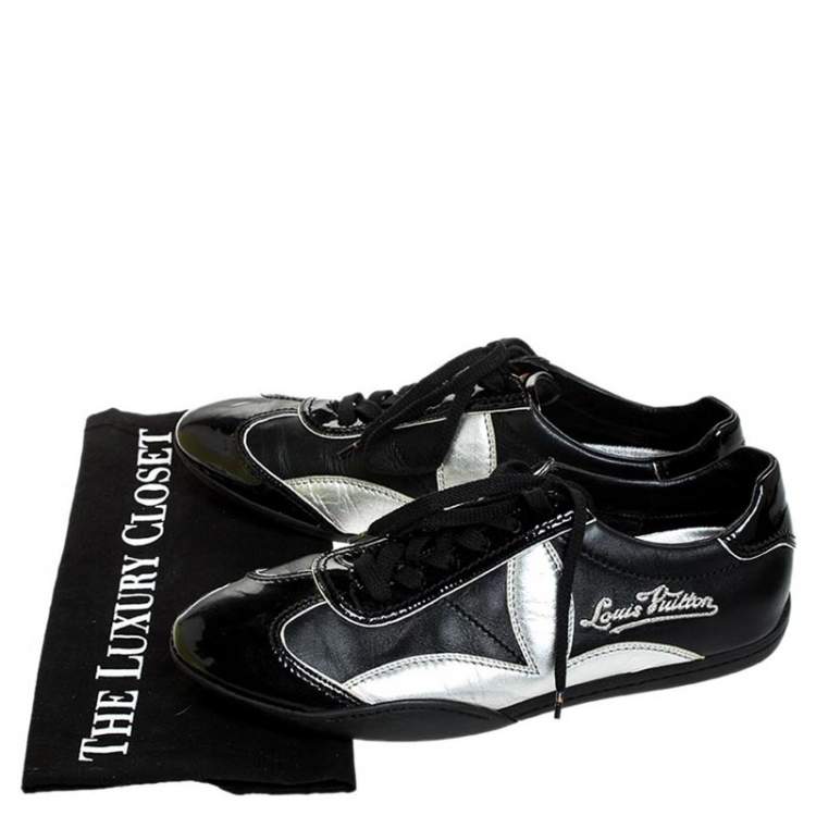 Pre Owned Louis Vuitton Black/Silver Patent Leather And Leather Low Top Lace Up Sneakers Size 41
