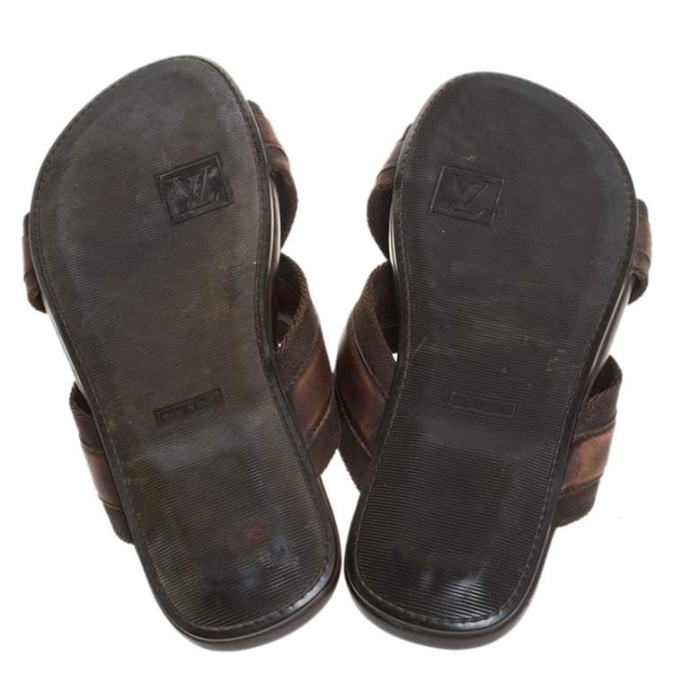 Pre Owned Louis Vuitton Brown Leather and Fabric Criss-Cross Sandals Size 41