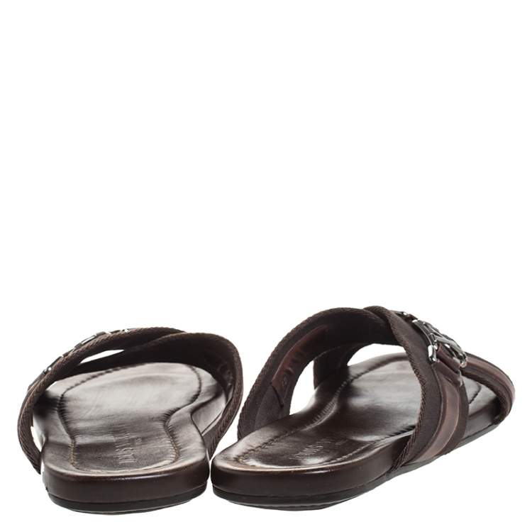 Pre Owned Louis Vuitton Brown Leather and Fabric Criss-Cross Sandals Size 41