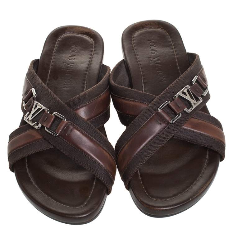 Pre Owned Louis Vuitton Brown Leather and Fabric Criss-Cross Sandals Size 41