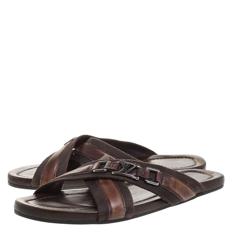 Pre Owned Louis Vuitton Brown Leather and Fabric Criss-Cross Sandals Size 41