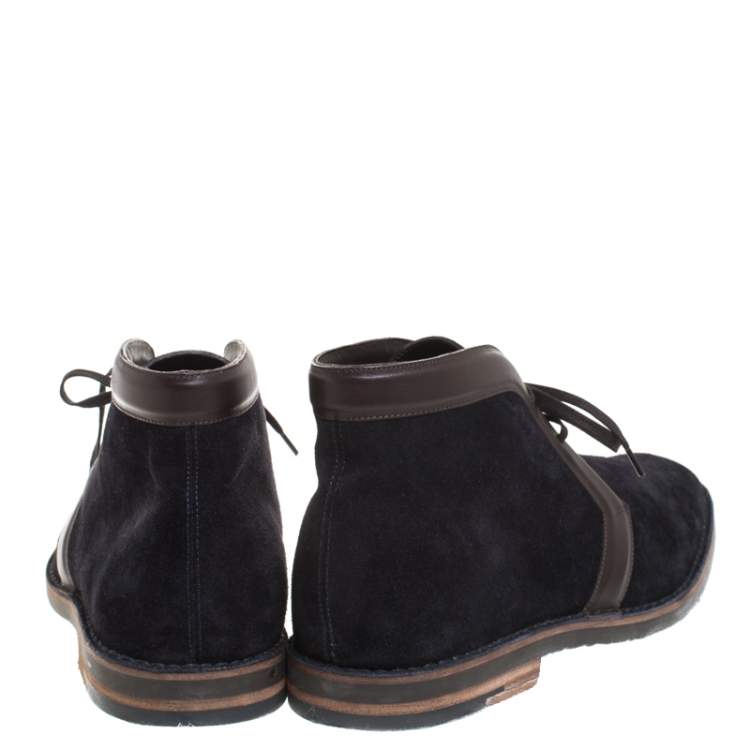 Pre Owned Louis Vuitton Blue Suede And Tan Leather Trim Sneaker Boots Size 43