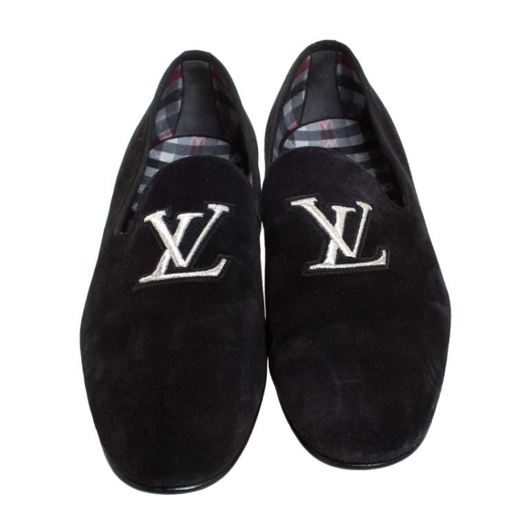 Pre Owned Louis Vuitton Black Suede LV Logo Embroidered Smoking Slippers  Size 43