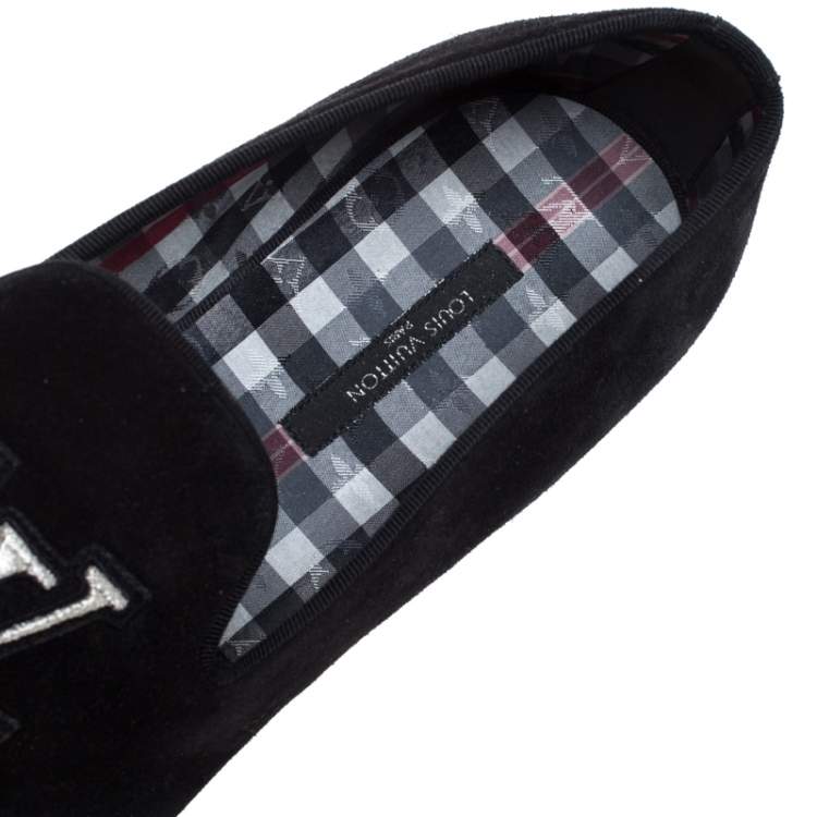 Pre Owned Louis Vuitton Black Suede LV Logo Embroidered Smoking Slippers  Size 43