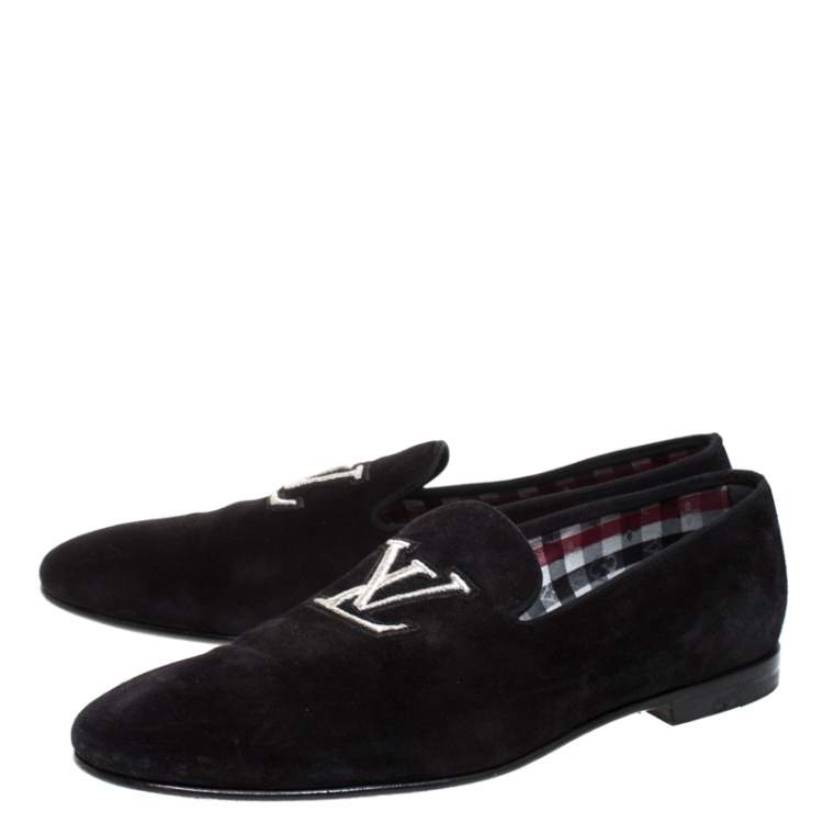 Pre Owned Louis Vuitton Black Suede LV Logo Embroidered Smoking Slippers  Size 43
