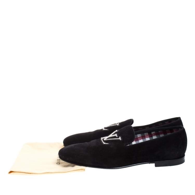 Pre Owned Louis Vuitton Black Suede LV Logo Embroidered Smoking Slippers  Size 43