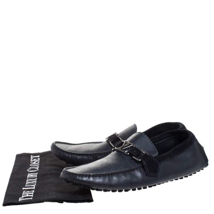 Pre Owned Louis Vuitton Blue Textured Leather And Suede Hockenheim Moccasins Size 40