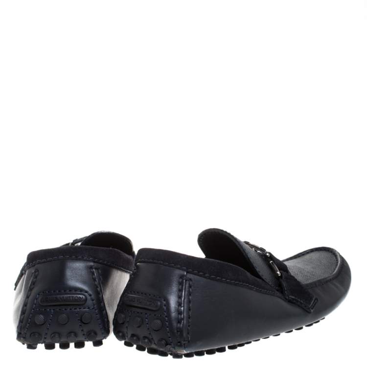 Pre Owned Louis Vuitton Blue Textured Leather And Suede Hockenheim Moccasins Size 40