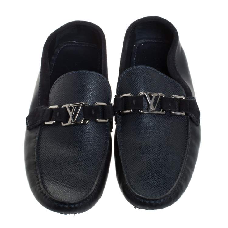 Pre Owned Louis Vuitton Blue Textured Leather And Suede Hockenheim Moccasins Size 40