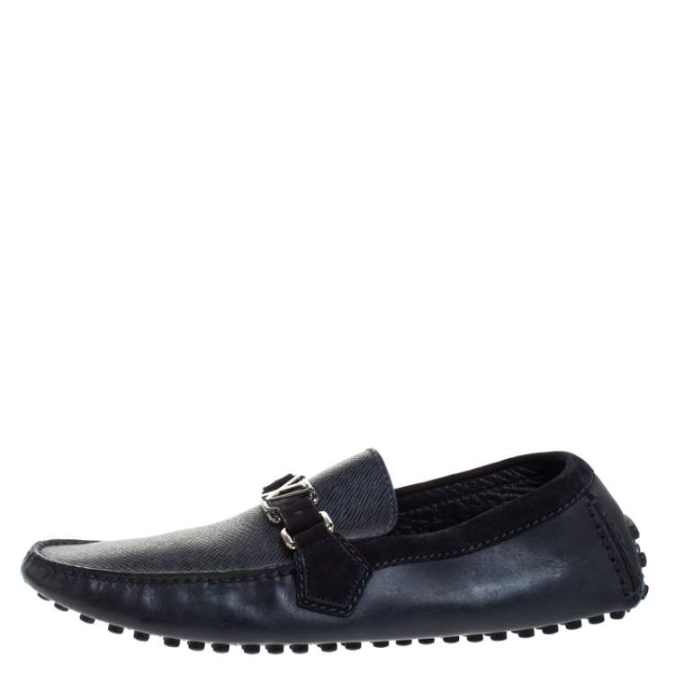 Pre Owned Louis Vuitton Blue Textured Leather And Suede Hockenheim Moccasins Size 40